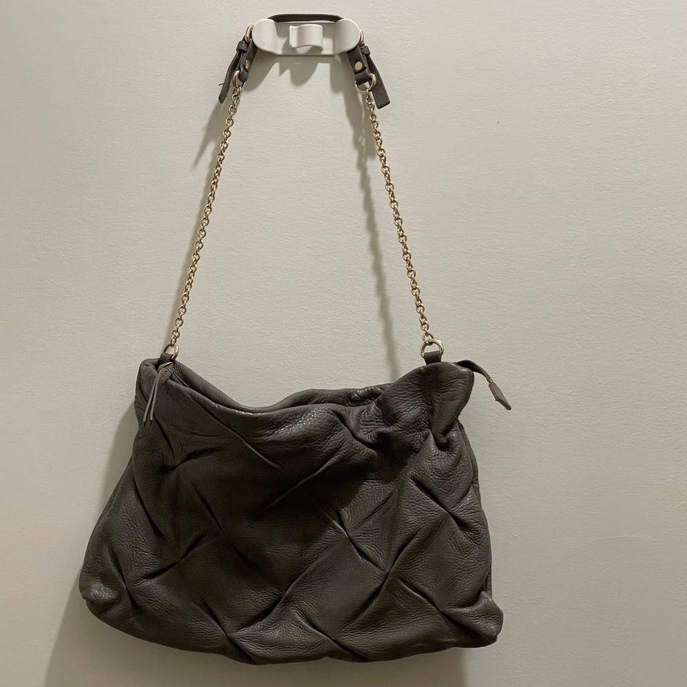 Kate Landry Taupe Grey Ruched Pebbled Leather Shoulder Bag Gold Chain Strap